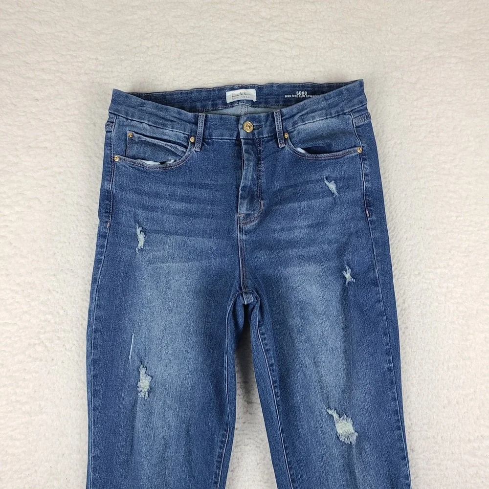 Nicole Miller Jeans Womens 12 Blue SOHO High Rise Slim Straight Medium Wash Fray